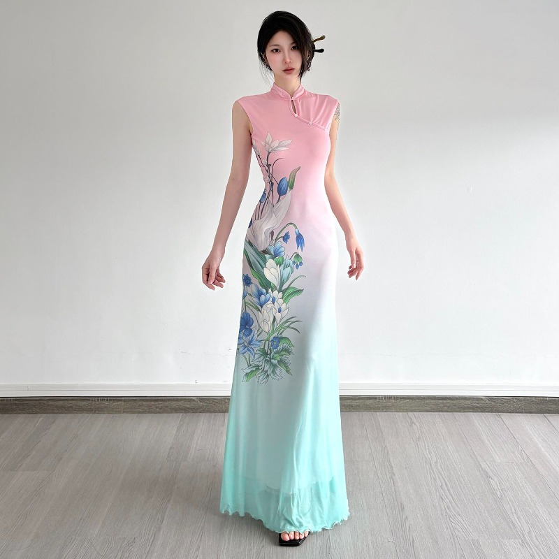 Women'S Green Formal Wear - New Chinese-style Cool Refreshing Plant Print