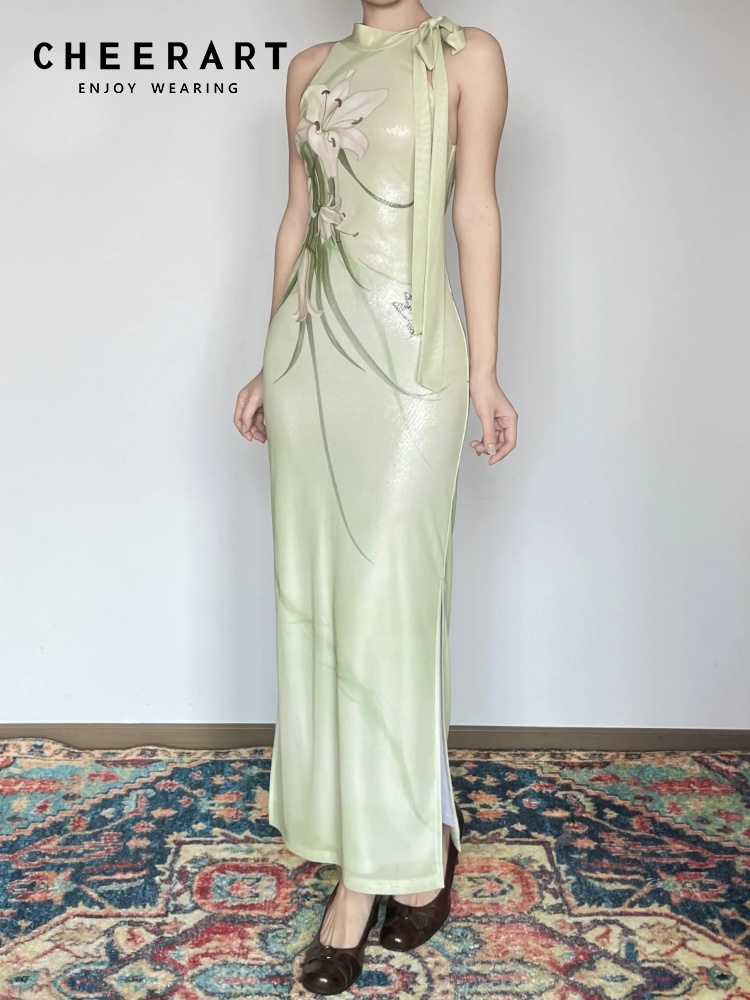 Women'S Green Formal Wear - CHEERART Lily Floral Mint Green Sleeveless