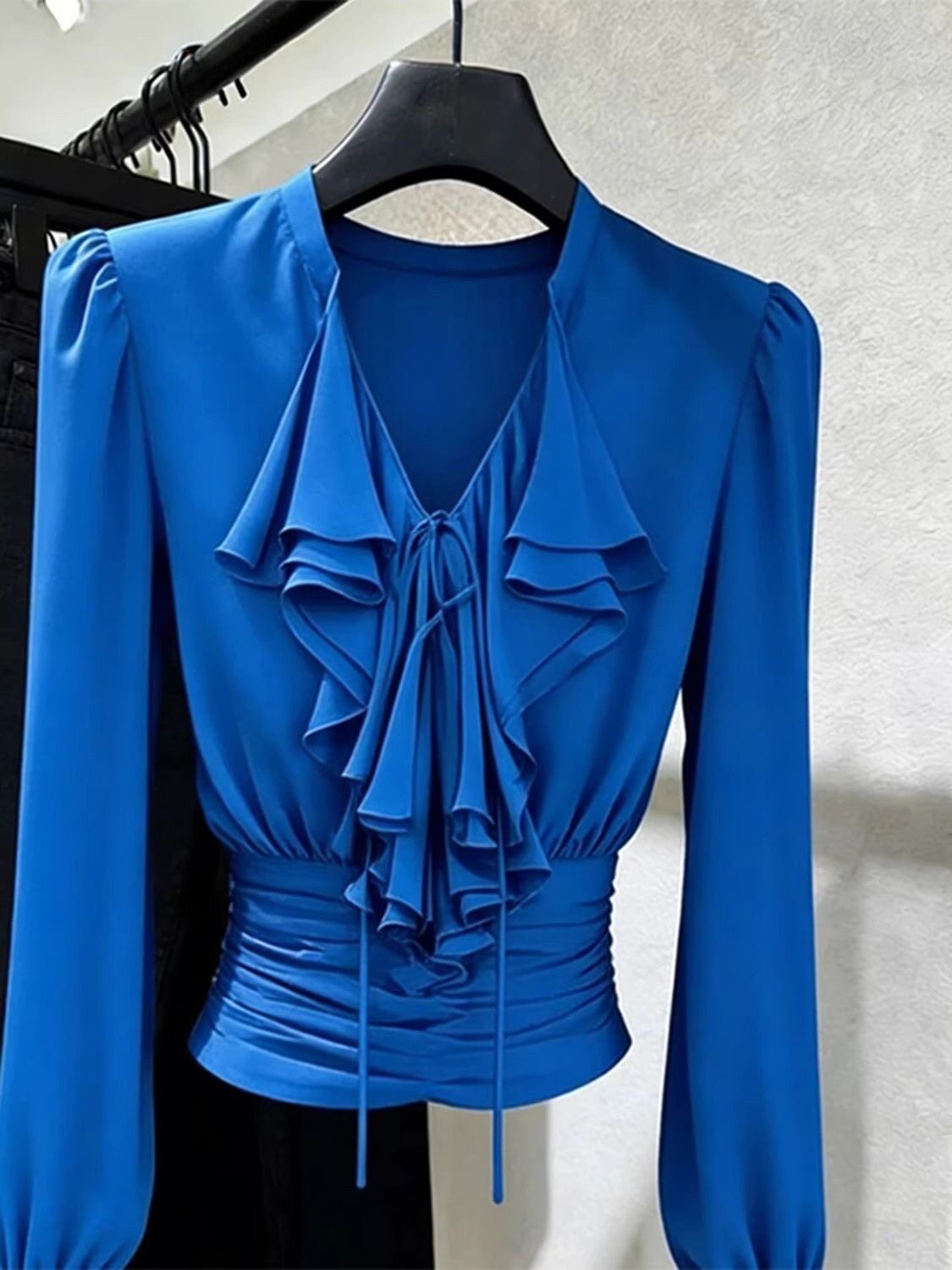 Women Formal Blouses For Evening Wear - Royal Blue Ruffle V-Neck Ruched Waist