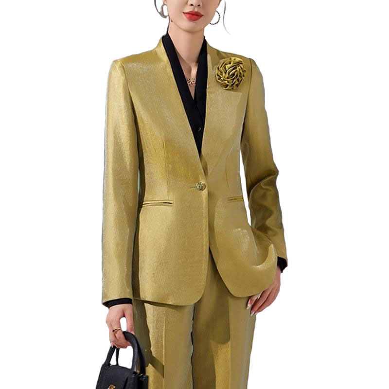 Women'S Office Formal Wear For Ladies - Women Blazer Pants Sets Gold Appliques