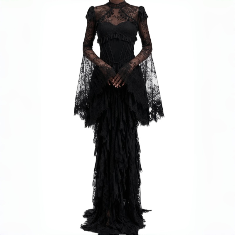 Women'S Gothic Formal Wear - Lace High Black Mermaid Formal Evening