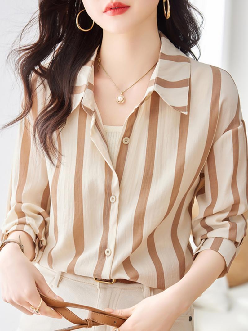 High End Women'S Formal Wear - Apricot Striped Long Sleeved Shirt for