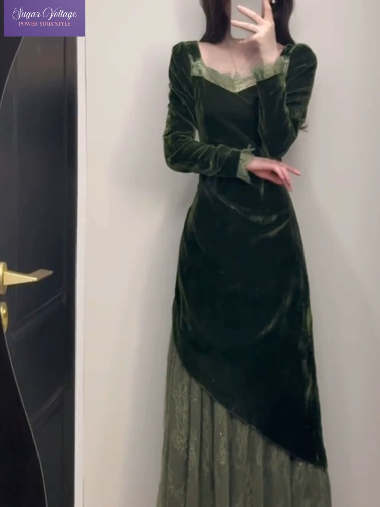 Women'S Green Formal Wear - French Vintage Elegant Velvet Dress Women