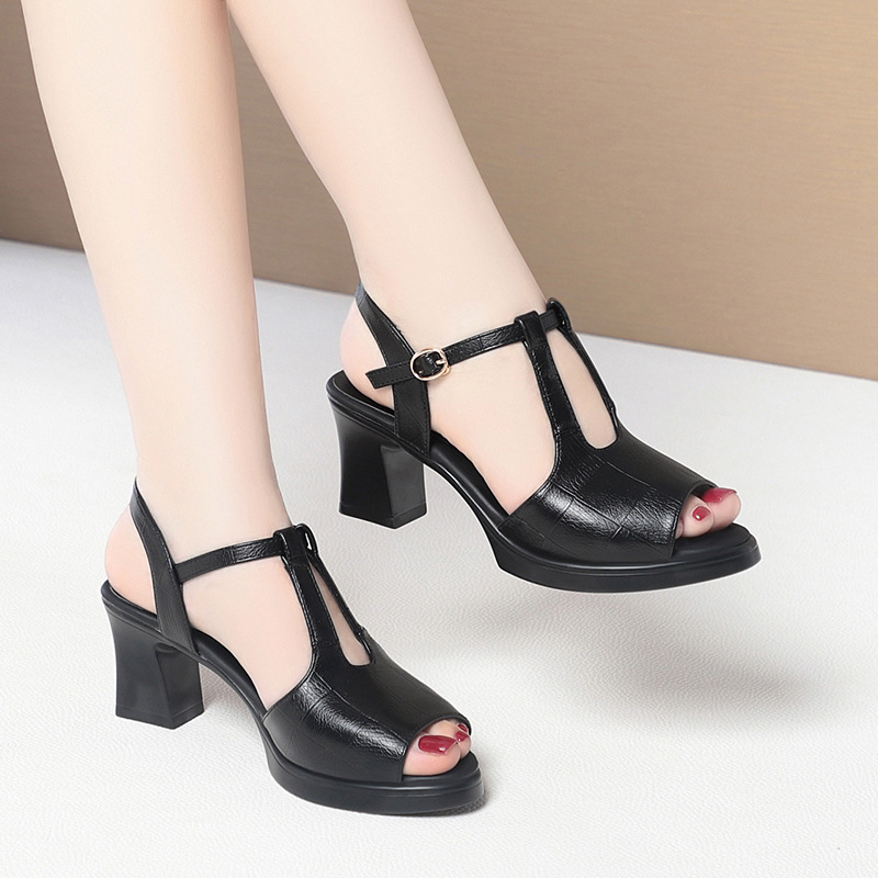 Black Leather T-Strap Peep Toe - Formal Women Daily Wear Sandals recension och pris