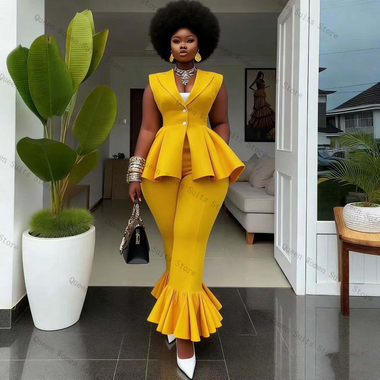 Yellow Women Suit Pants Set 2  - Women Formal Wear Vest recension och pris