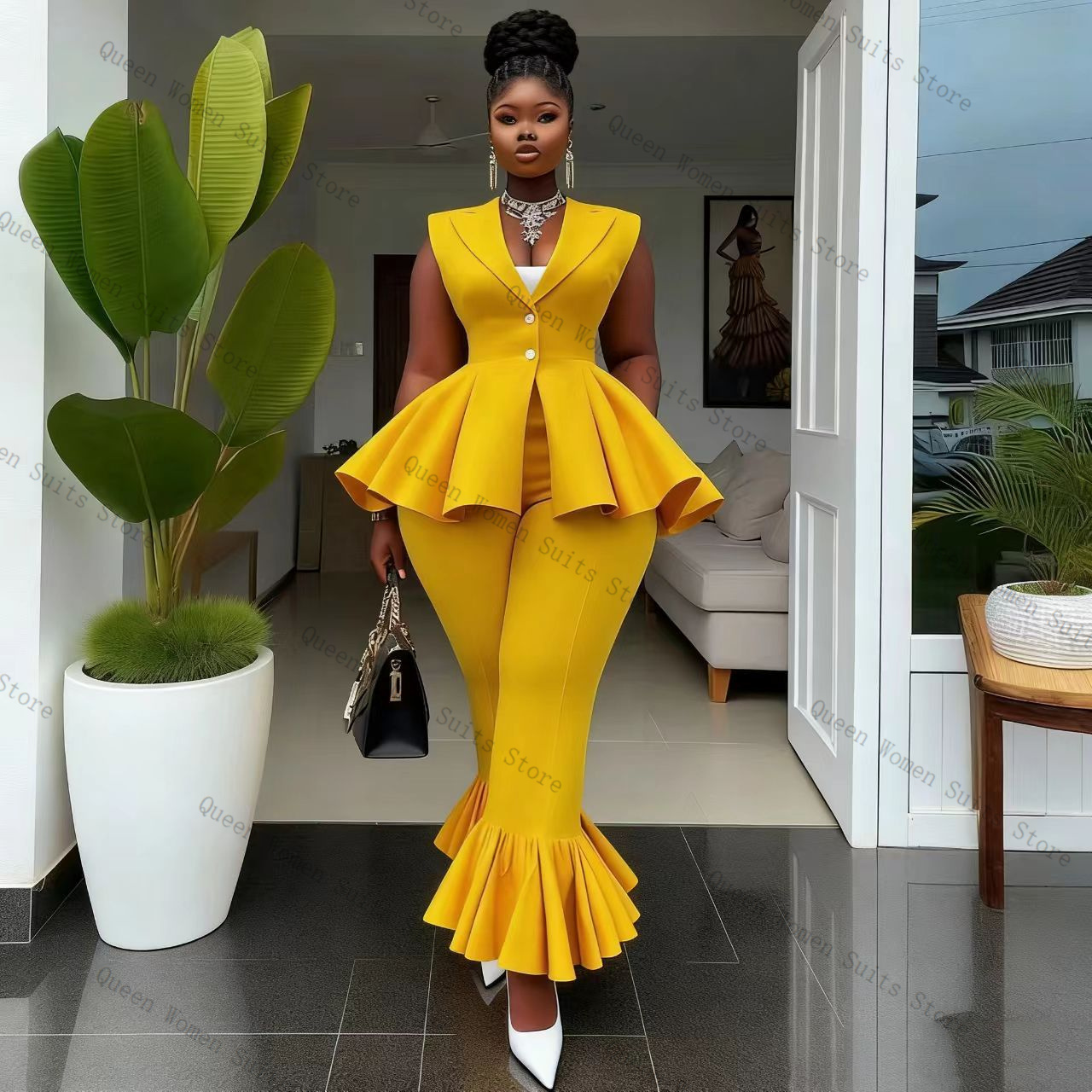 Yellow Women Suit Pants Set 2  - Women Formal Wear Vest recension och pris