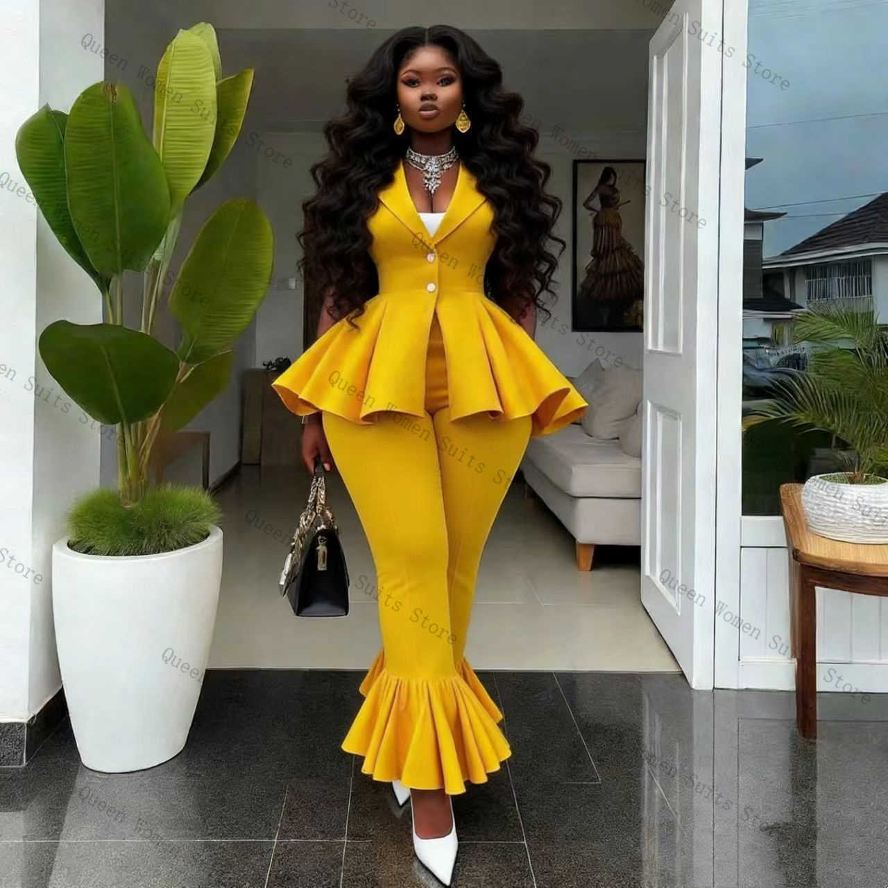 Yellow Women Suit Pants Set 2  - Women Formal Wear Vest recension och pris