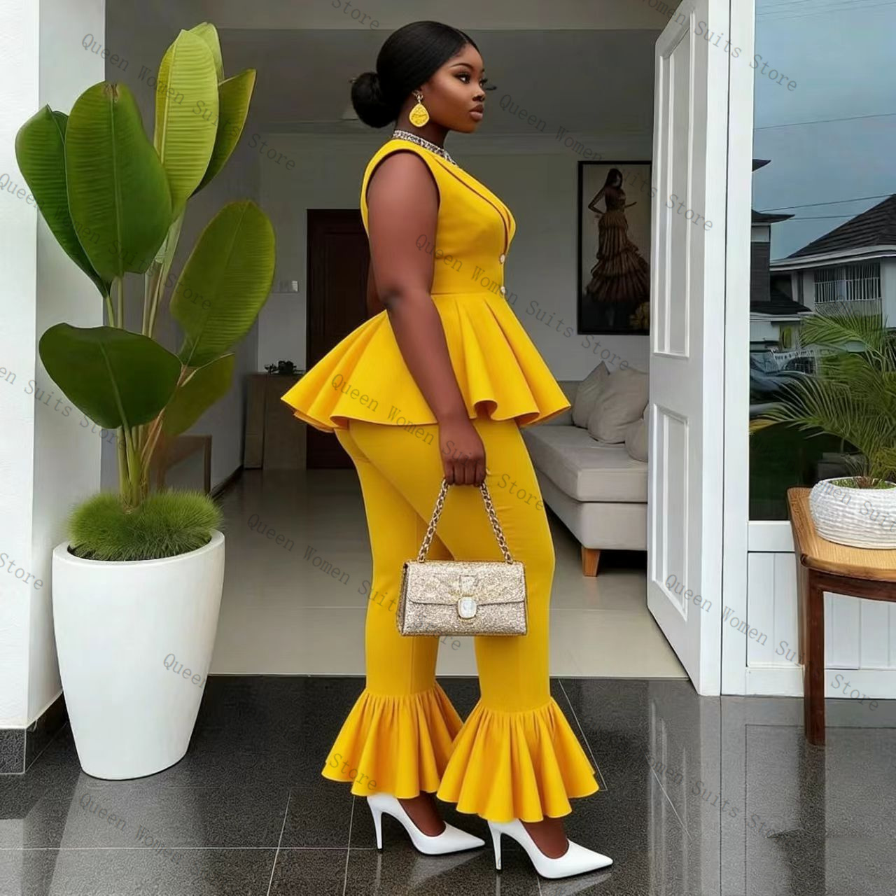 Yellow Women Suit Pants Set 2  - Women Formal Wear Vest recension och pris