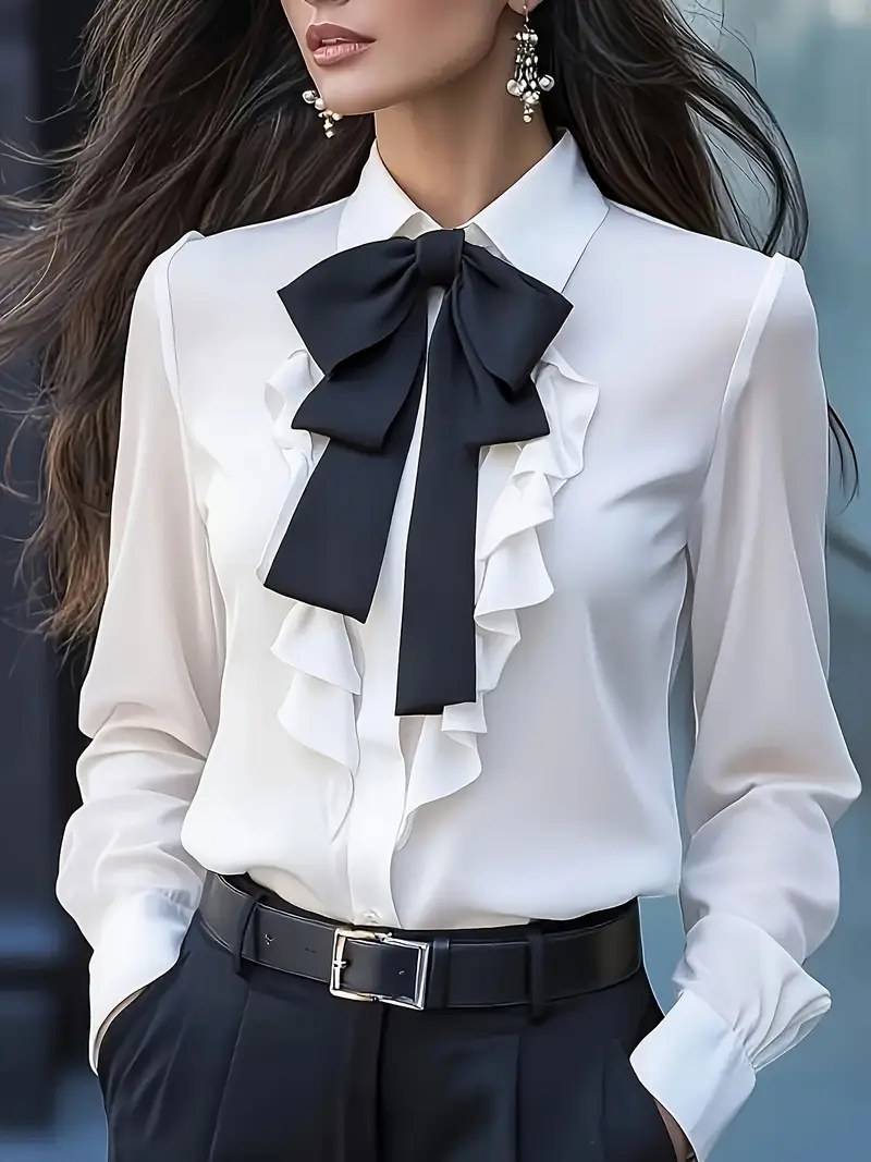Elegant Long Sleeve Bow Tie Ru - Women Formal Blouses For Evening Wear recension och pris