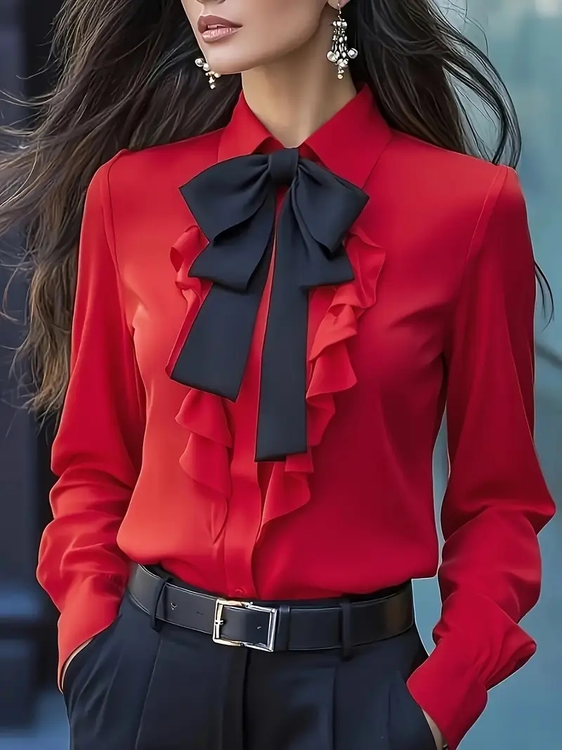 Elegant Long Sleeve Bow Tie Ru - Women Formal Blouses For Evening Wear recension och pris
