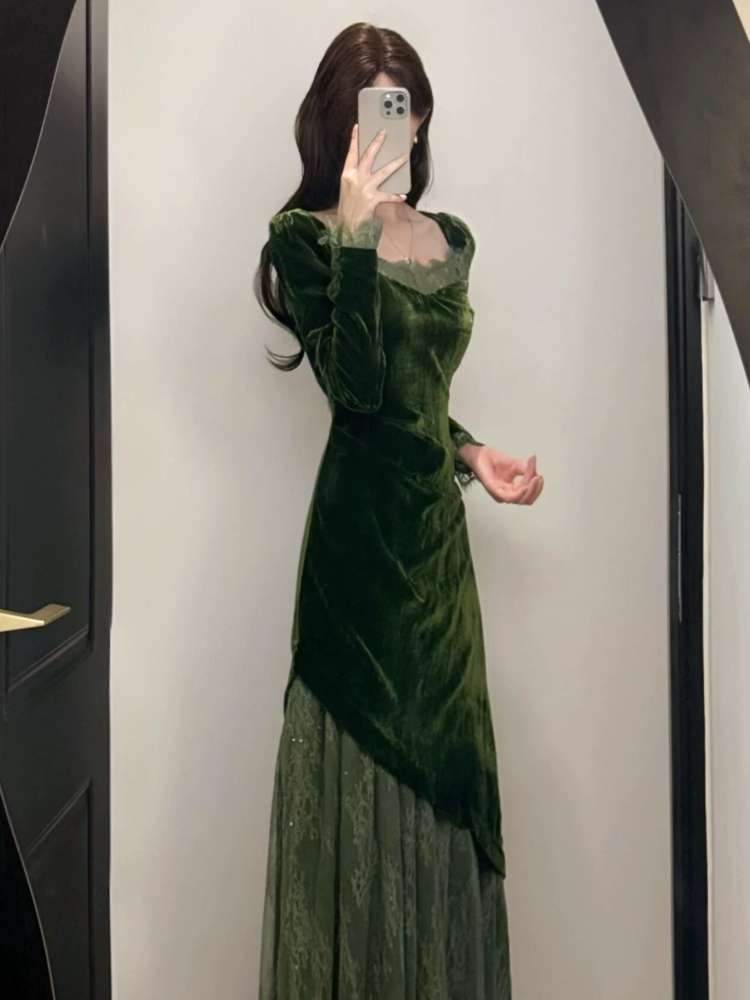 French Vintage Elegant Velvet  - Women'S Green Formal Wear recension och pris