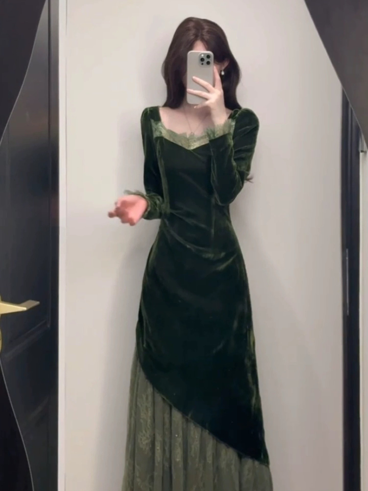 French Vintage Elegant Velvet  - Women'S Green Formal Wear recension och pris