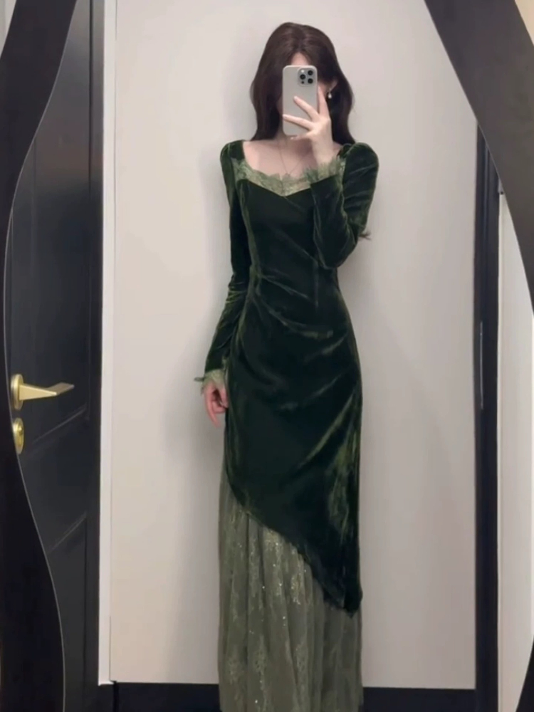 French Vintage Elegant Velvet  - Women'S Green Formal Wear recension och pris